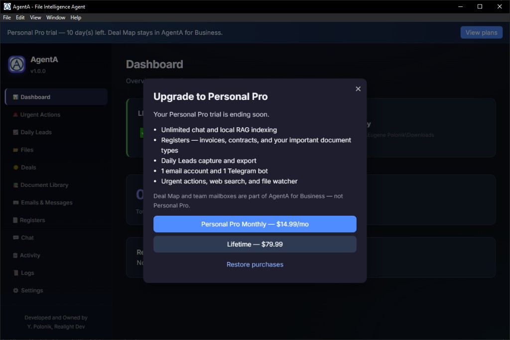 AgentA Personal Pro upgrade plans