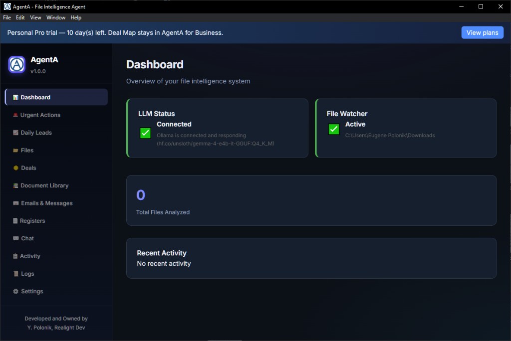 AgentA Dashboard overview