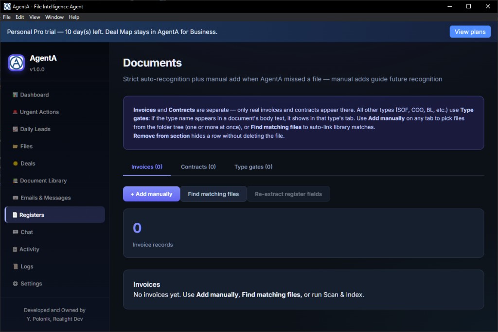 AgentA Registers invoices and contracts